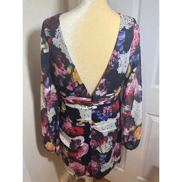 NWT Ieena for Mac Duggal Floral Illusion Puff Sleeve V-Neck Fitted Mini Dress - Picture 7 of 14